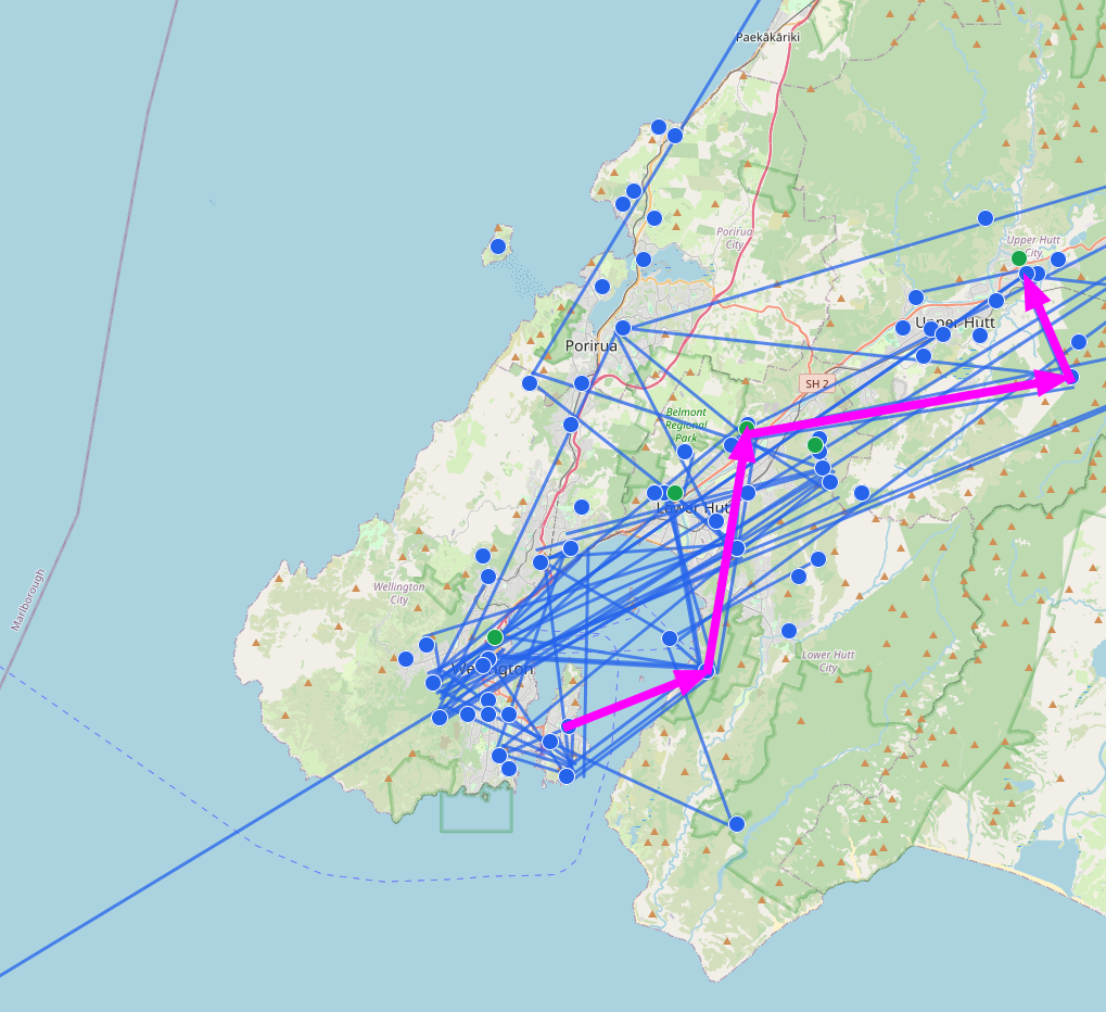 Bold line showing the path a message took from Miramar → Upper Hutt